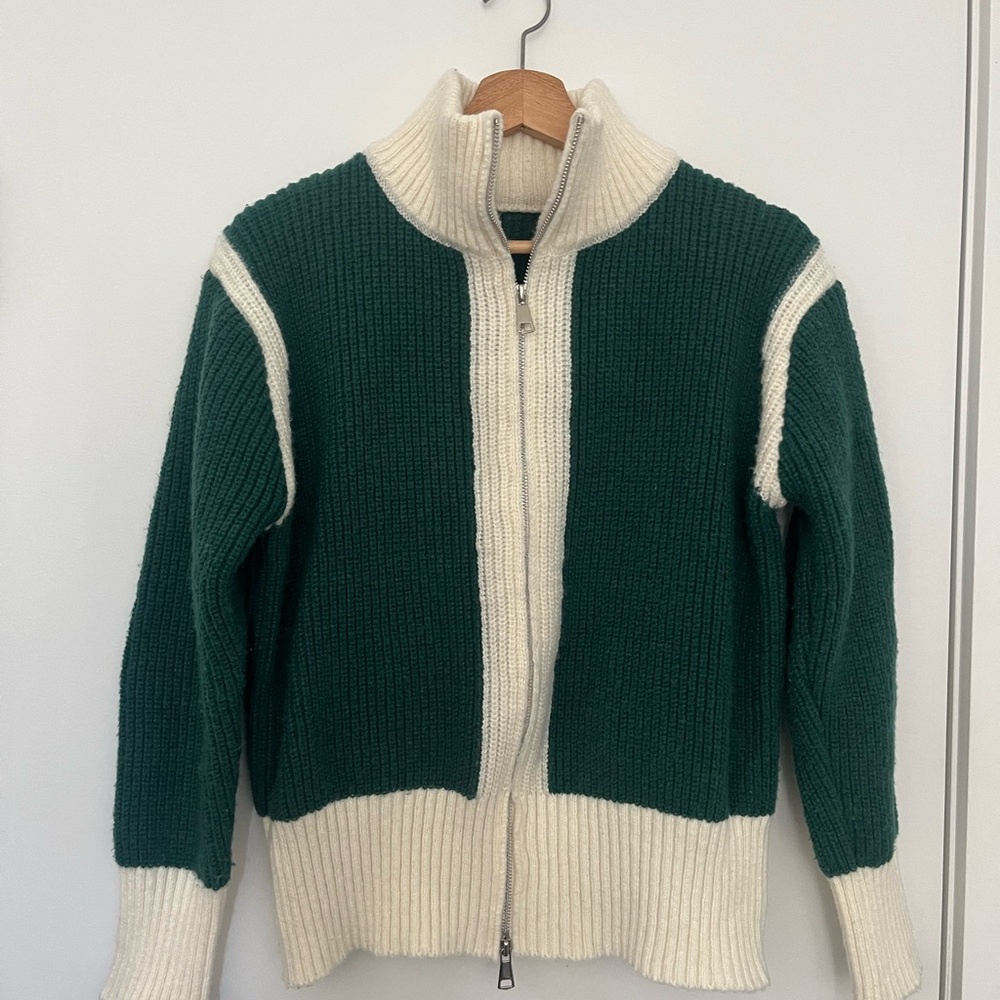 Green and Cream Zip-Up Sweater